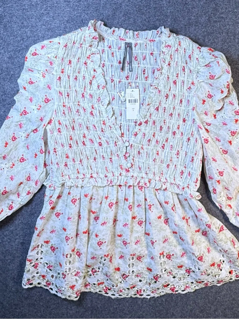 Anthropologie Floral Smocked Eyelet Puff Sleeve Blouse Size S NWT Cottagecore